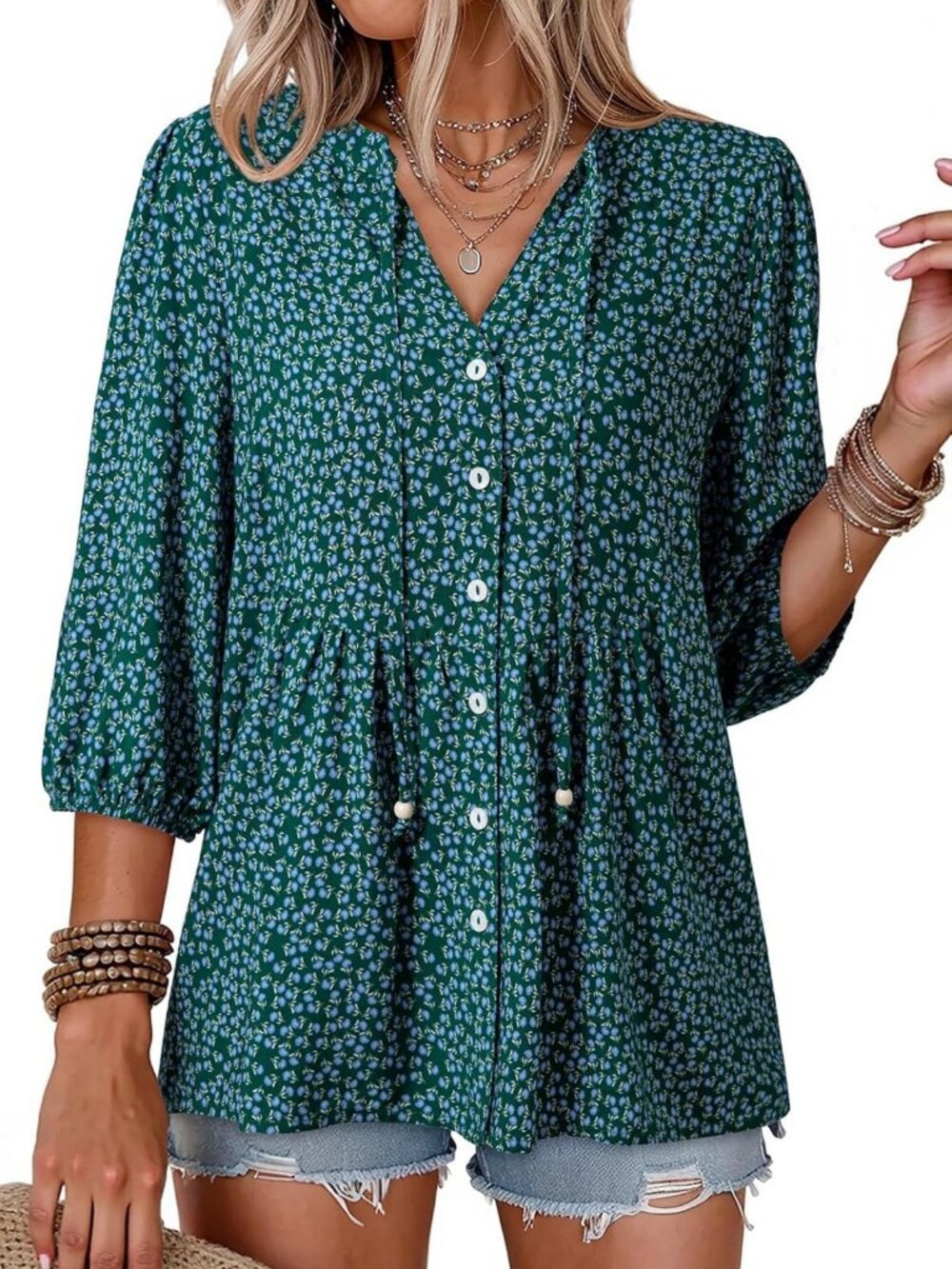 Boho V Neck Peplum Babydoll Blouse - Stylish Button Down Women's Top